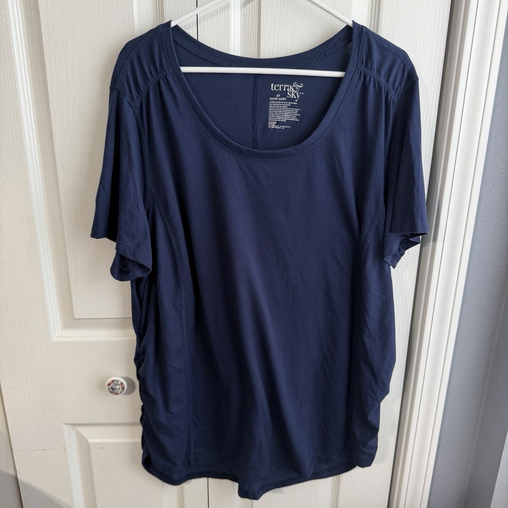 Terra & Sky Navy Blue Ruched Sides Short Sleeve Shirt Women's Size 2X Gym Travel